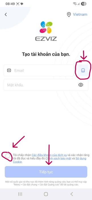 Hướng dẫn tải ứng dụng và tạo tài khoản Ezviz 4 dang ky so dien thoai